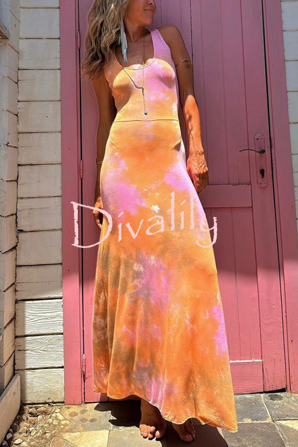 Summer Adventures Tie-dye Print Back Lace-up Stretch Maxi Dress