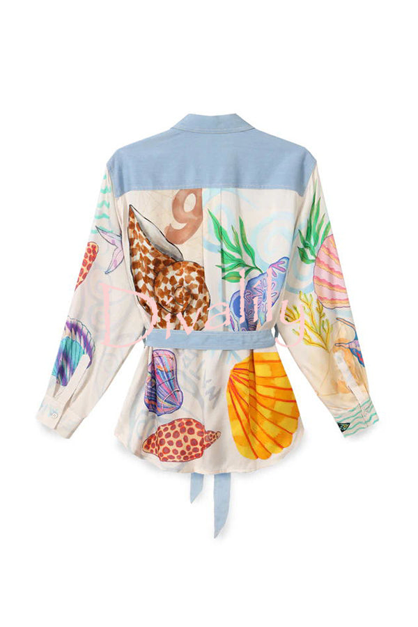 Magic Ocean Marine Elements Unique Print Patchwork Belted Loose Blouse