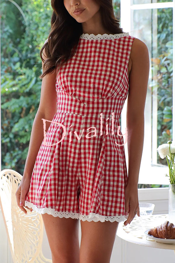 Plaid Print Sleeveless Pleated Waist Casual Rompers