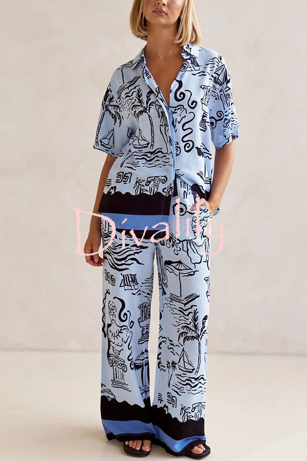 Fashionable Plant Print Loose Lapel Short Sleeve Shirt and Casual Elastic Waist Pocket Pants Set