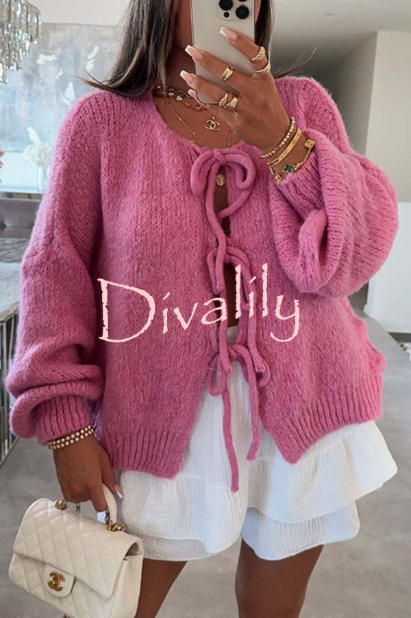 Solid Color Long-sleeved V-neck Lace-up Loose Knitted Sweater