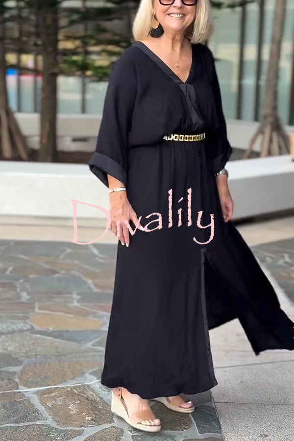 Solid Color V-Neck Casual Loose Pocket Slit Maxi Dress