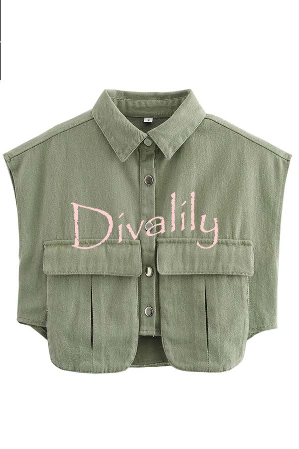 Stylish Weekend Denim Button Up Cape Sleeve Pocket Crop Top