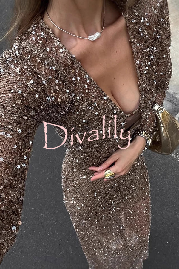 Fashion Sequined Hollow V-neck Long-sleeved Holiday Midi Dress
