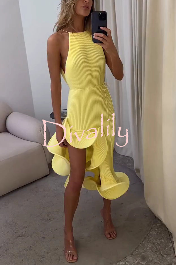 Solid Color Sleeveless Waist Tie Irregular Ruffle Slim Midi Dress