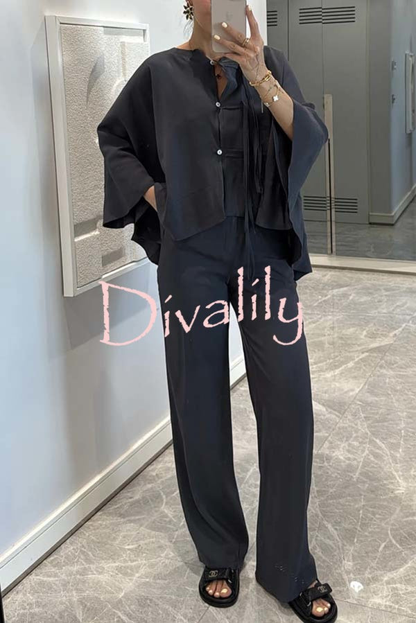 Ellie Tie-button Batwing Sleeve Loose Top and High Rise Pocket  Wide Leg Pants Set