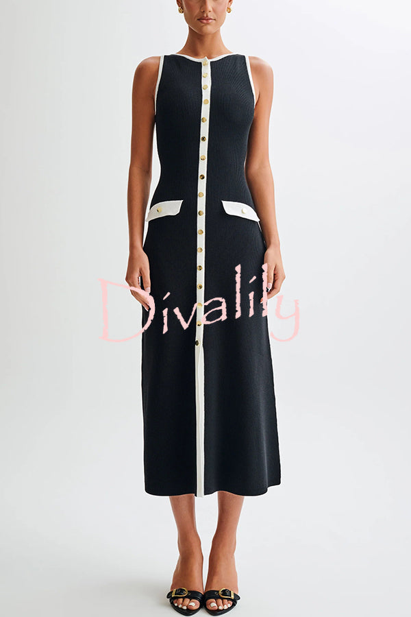 Elegant Slim Fit Crew Neck Buttoned Sleeveless Knit Midi Dress