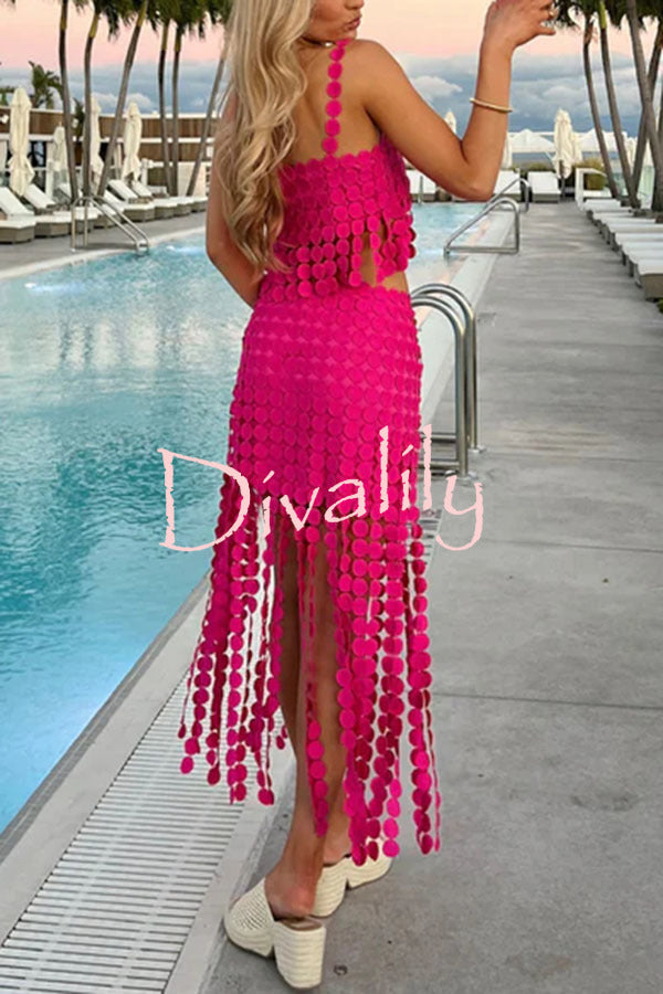 Caitlin See Through Circle Embroidery Square Neck Tassle Hem Slip Tank