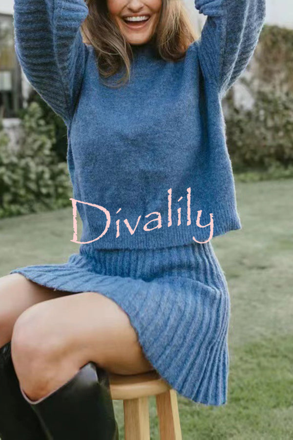 Solid Color Round Neck Puff Sleeve Loose Knit Sweater and Casual Striped Mini Skirt Set