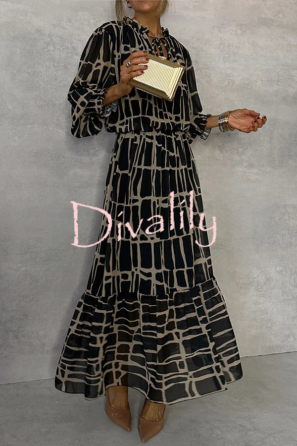 Unique Printed V-neck Tie-up Waist Long-sleeve Maxi Dress