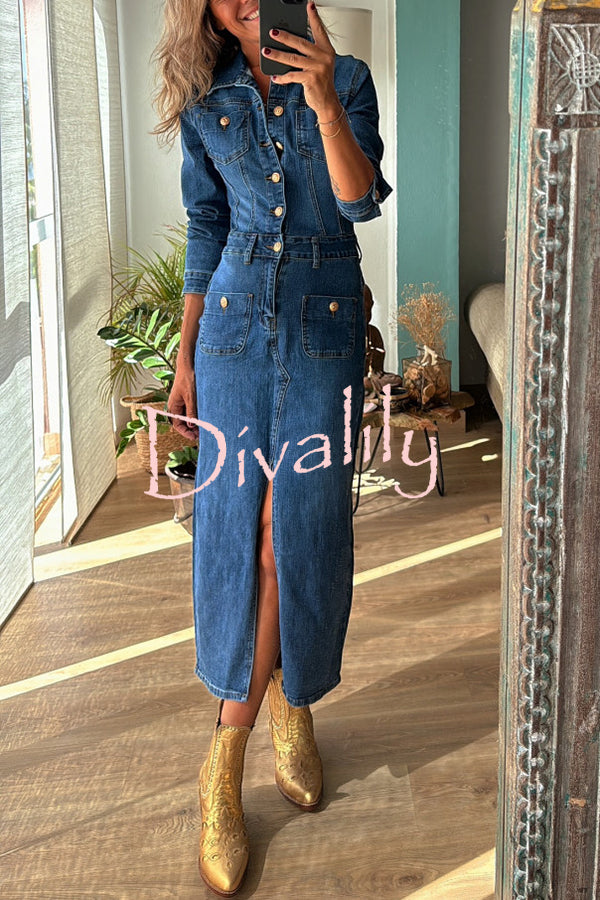 Tessy Denim Metal Button Zipper Shirt Stretch Pencil Slit Midi Dress