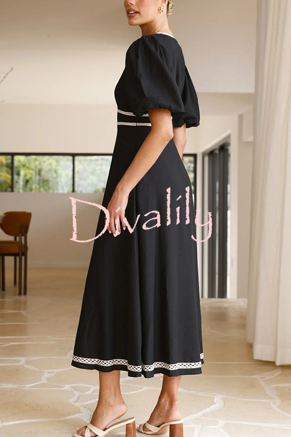 Fashionable Contrasting Color Edge V-neck Puff Sleeve Midi Dress