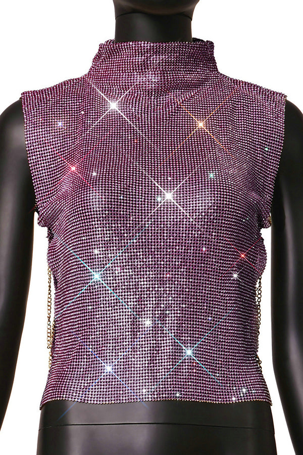 Sexy High-neck Rhinestone Metallic Top