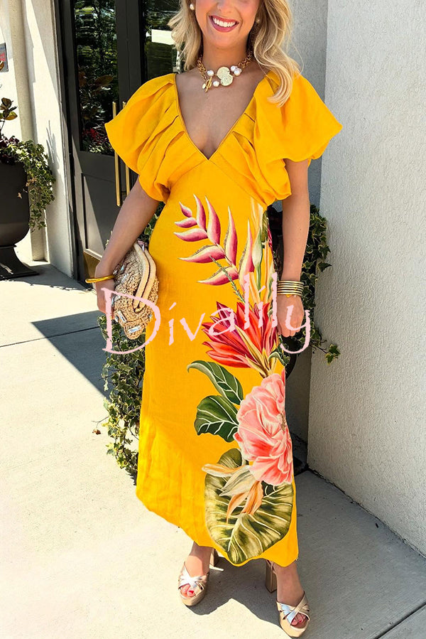 Plant Print V-neck Open Back Holiday Style Slit Midi Dress