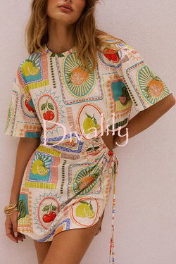 Summer Fruit Print Short Sleeve Off-Waist Tie Mini Dress