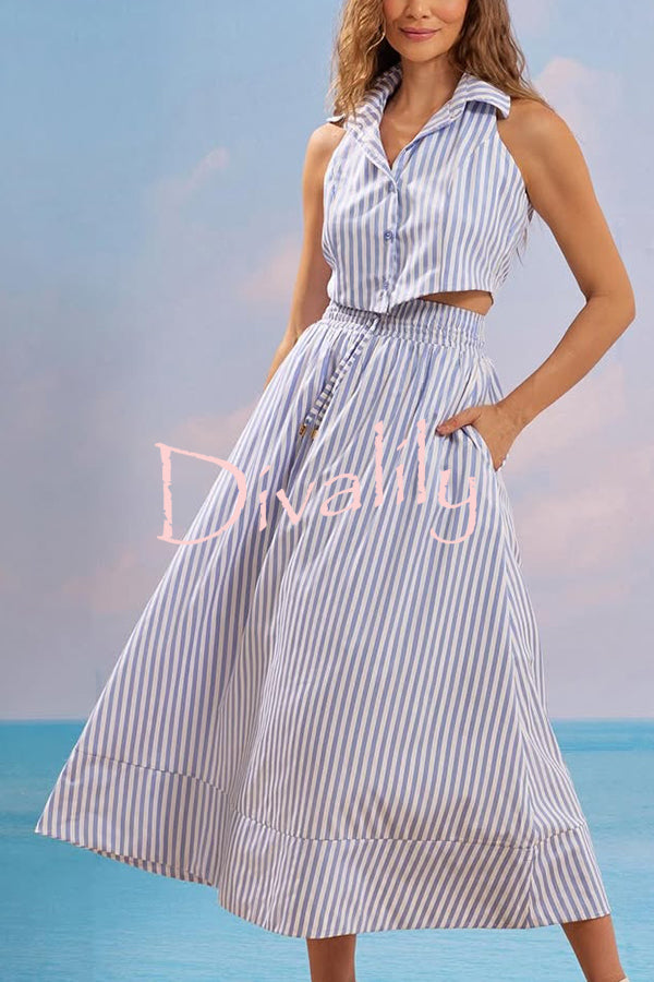 Stripe Print Lapel Sleeveless Button Top and Elastic Waist Casual Maxi Skirt Set