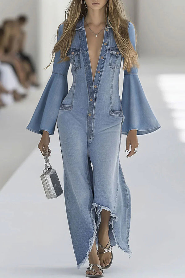 Stylish Bell Sleeves Single-breasted Casual Denim Jumpsuit