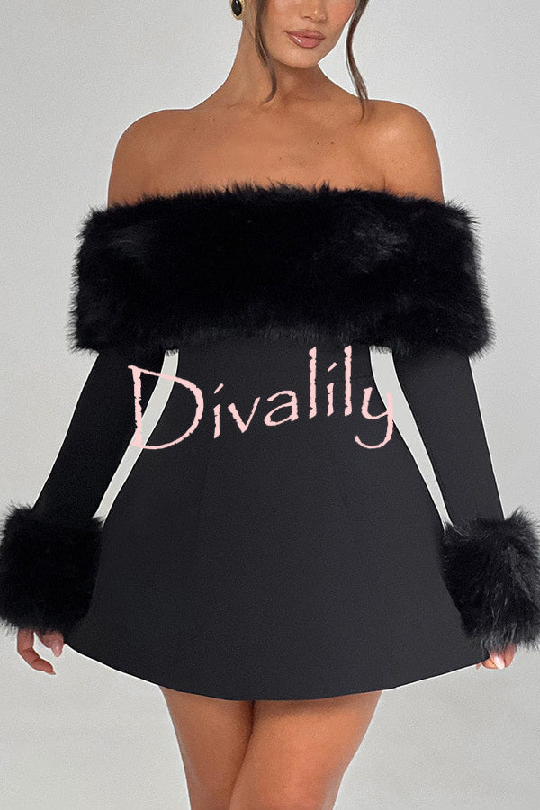 Cute and Luxe Faux Fur Trim Off Shoulder Bubble Shaped Mini Dress