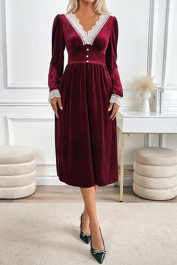 Vintage Velvet Lace Paneled V-neck Long-sleeved Elegant Midi Dress
