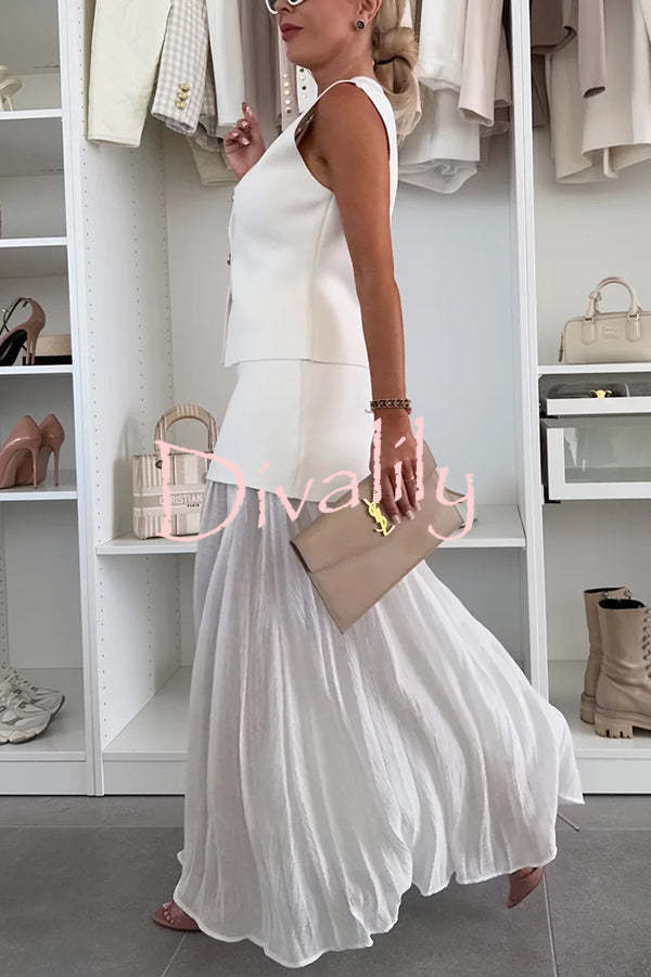 Stylish and Elegant Knit Spliced Tulle Elastic Waist Pleated Maxi Skirt