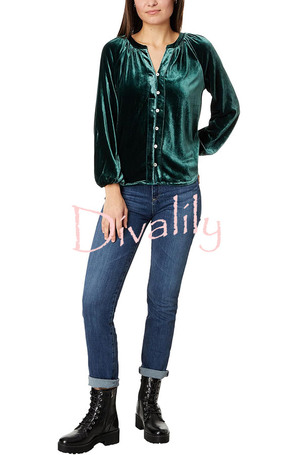 Solid Color Velvet V-neck Long-sleeved Shirt