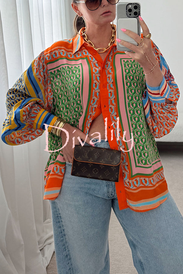 Brazil's Joyful Spirit Colorful Unique Print Balloon Sleeve Button Loose Shirt