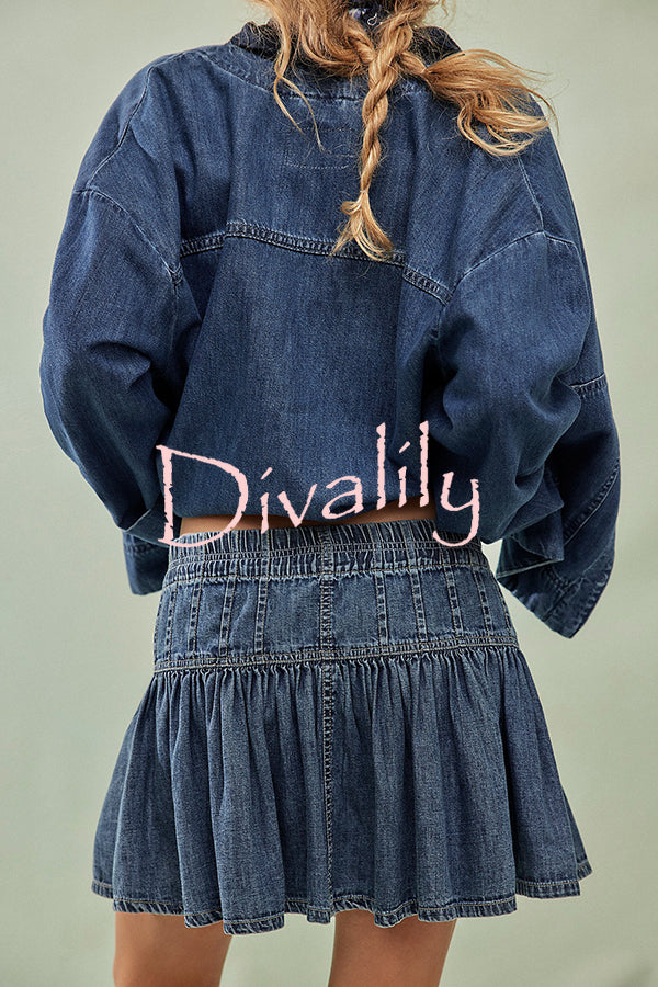 Solid Color Elastic Waist Button Tie Denim Mini Skirt