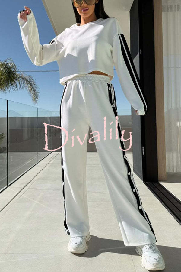 Sporty Chic Striped Patchwork Sweatshirt and Elastic Waist Side Button Up Loose Pants Set