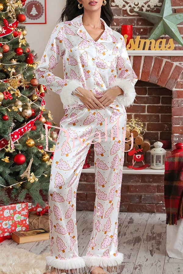 Christmas Print Feather Trim Elastic Waist Pocket Pajama Set