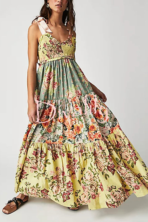 Floral Print Strappy Pleated Paneled Maxi Dress