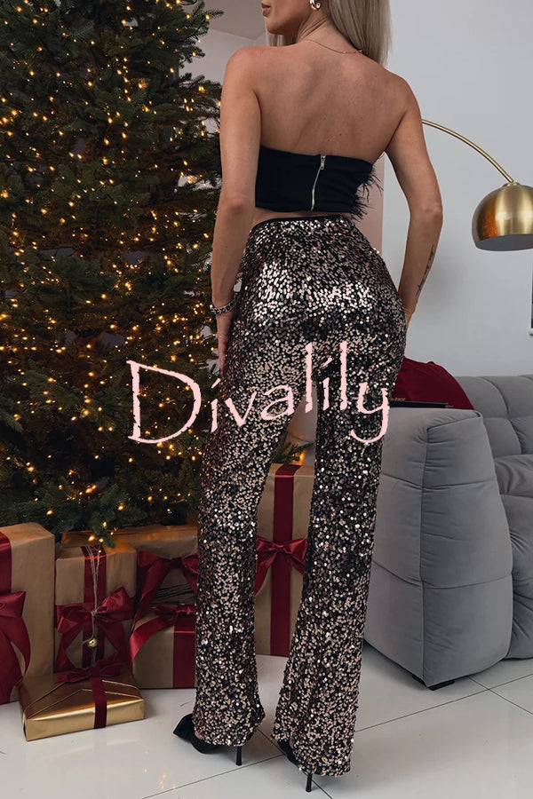 Chic Party Season Sequin High Rise Elastic Waist Flared Stretch Pants