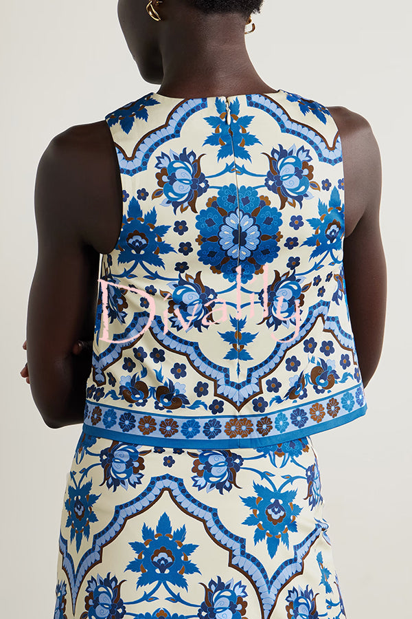 Unique Printed Round Neck Sleeveless Top and Casual Mini Skirt Set