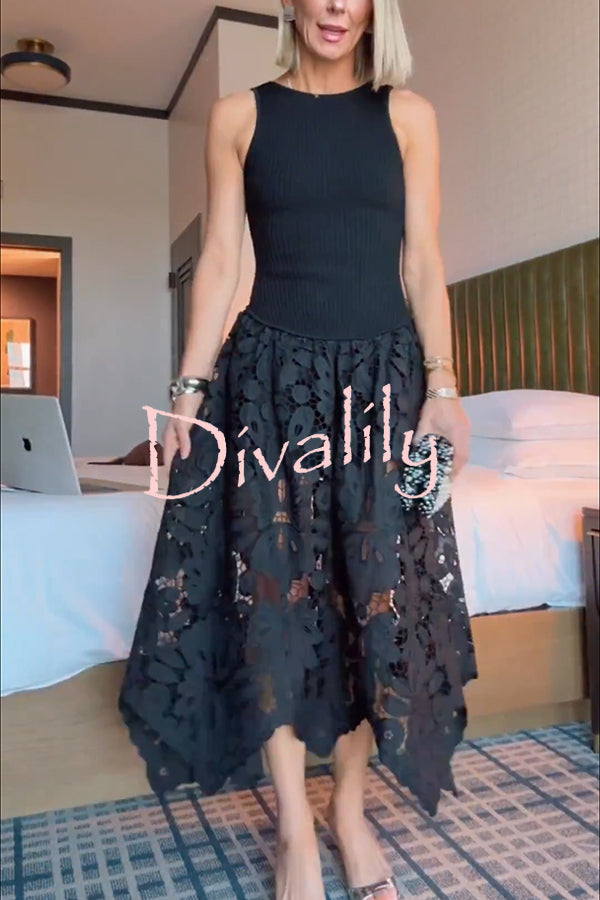 Atlas Asymmetric Ribbed-knit and Guipure Lace Back Zipper Midi Dress