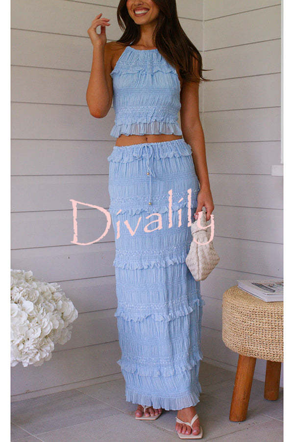 Feel Chic and Romantic Sequin Textured Material Back Elastic Halter Tie Tank and Drawstring Waist Tiered Maxi Skirt Set