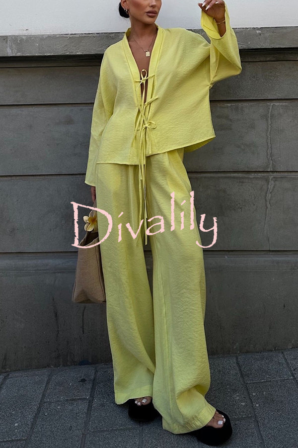 Stylish Loose Tie Shirt and Elastic Waist Wide-leg Pants Set