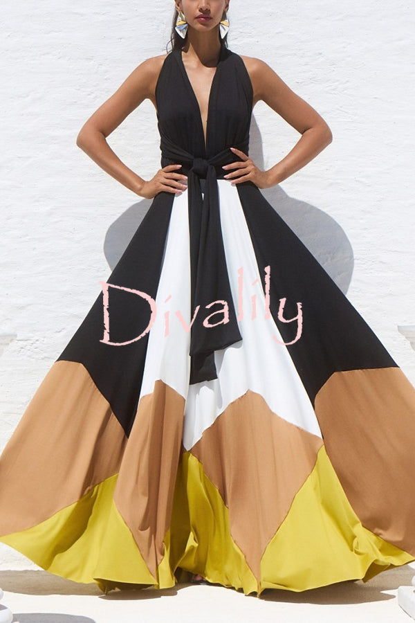 Fashion Colorblock Sexy Backless Tie Waist Full Hem Maxi Dress