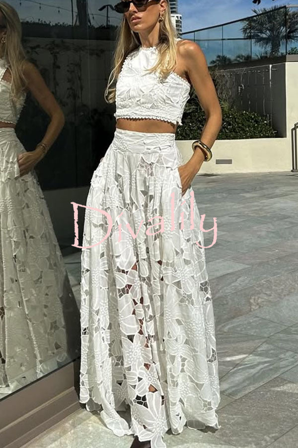 Next Trip Floral Embroidery Crochet Lace Elastic Waist Pocket Maxi Skirt