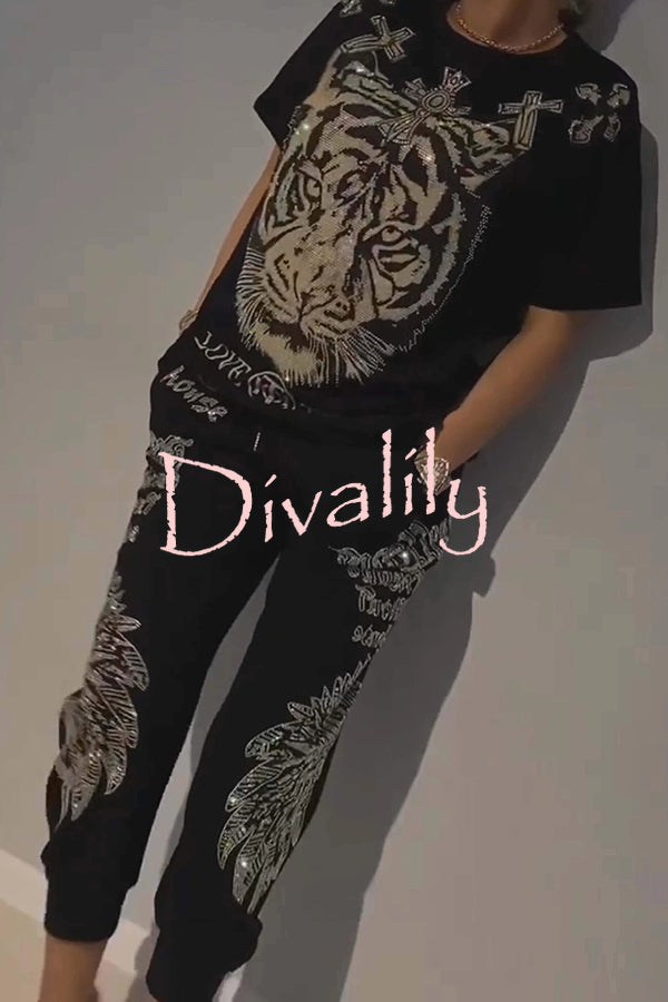 Stylish Tiger Print Short Sleeve Crew Neck Top and Elastic Waist Pocket Pants Set