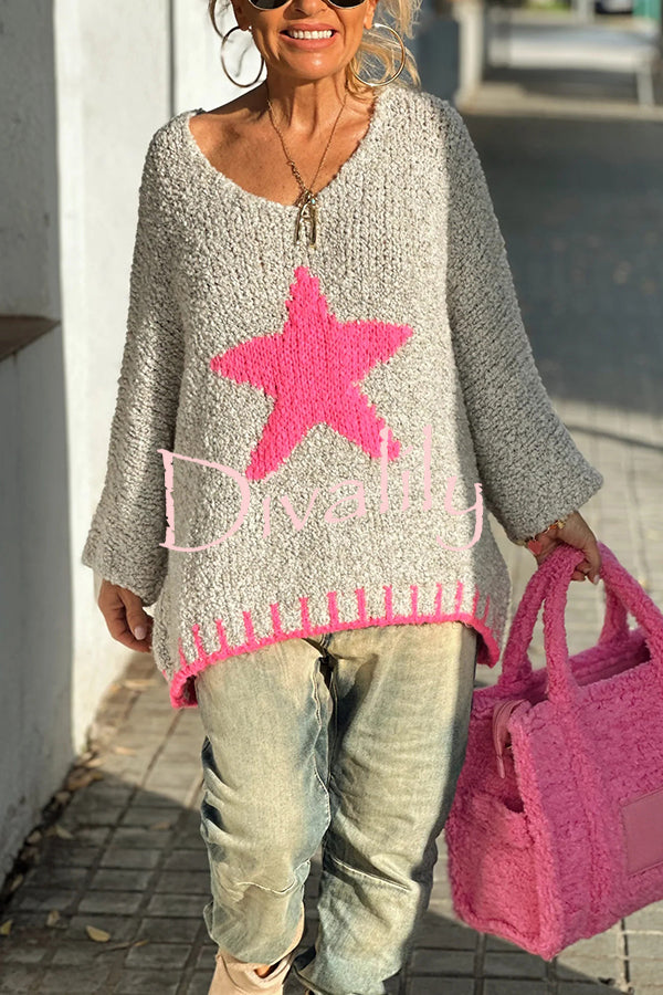 Warm Winter Day Texture Knit Star Pattern Contrast Color Loose Sweater