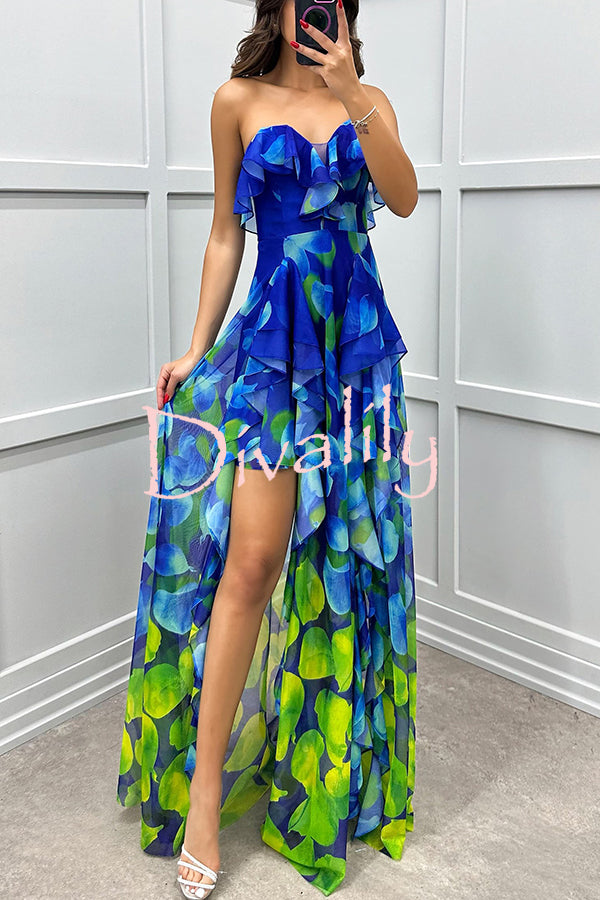 Loving Moment Gradient Unique Print Flowing Layered Ruffles Strapless Slit Maxi Dress