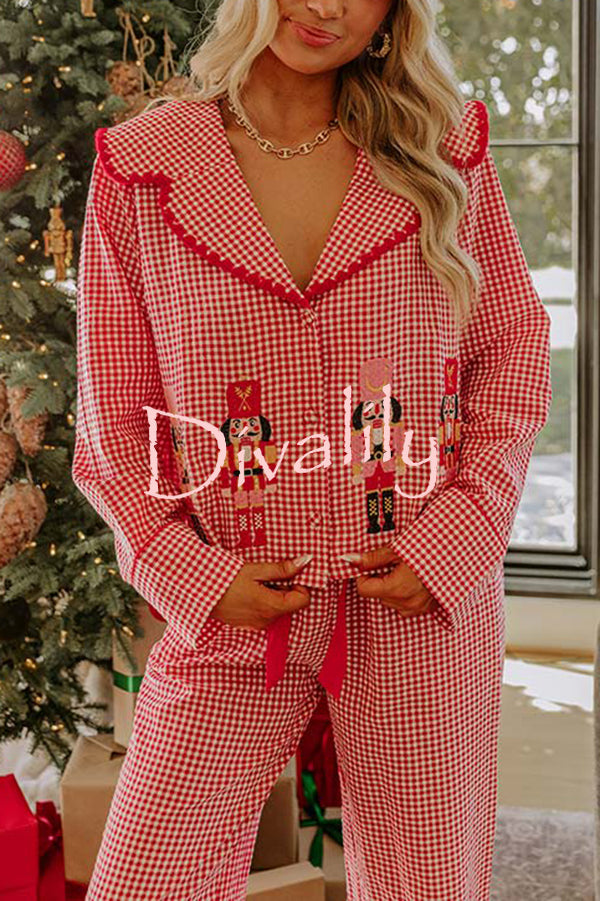 Nutcracker Charm Embroidered Gingham Loose Shirt and Elastic Waist Pajama Set