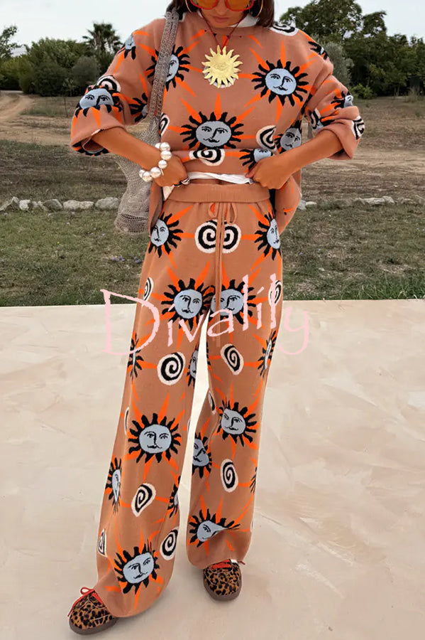 Mediterranean Art Knit Unique Sun Vortex Print Elastic Waist Wide Leg Pants