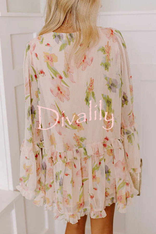Striking Pleated Floral Print V Neck Ruffle Paneled Long Sleeve Mini Dress