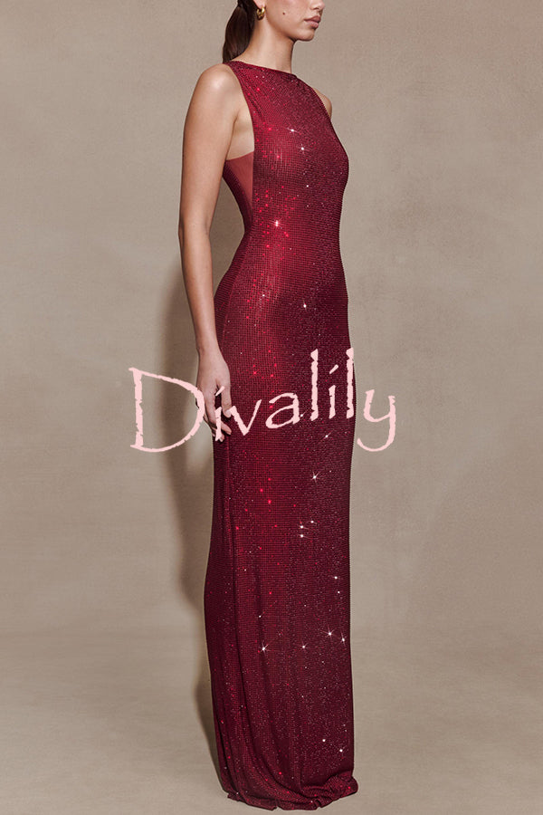 Holiday Nights Sequin Boat Neck Sleeveless Slit Maxi Dress