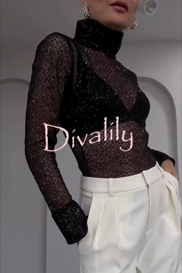 Shimmering Twilight Sequin Turtleneck Long Slit Sleeve H-line Blouse