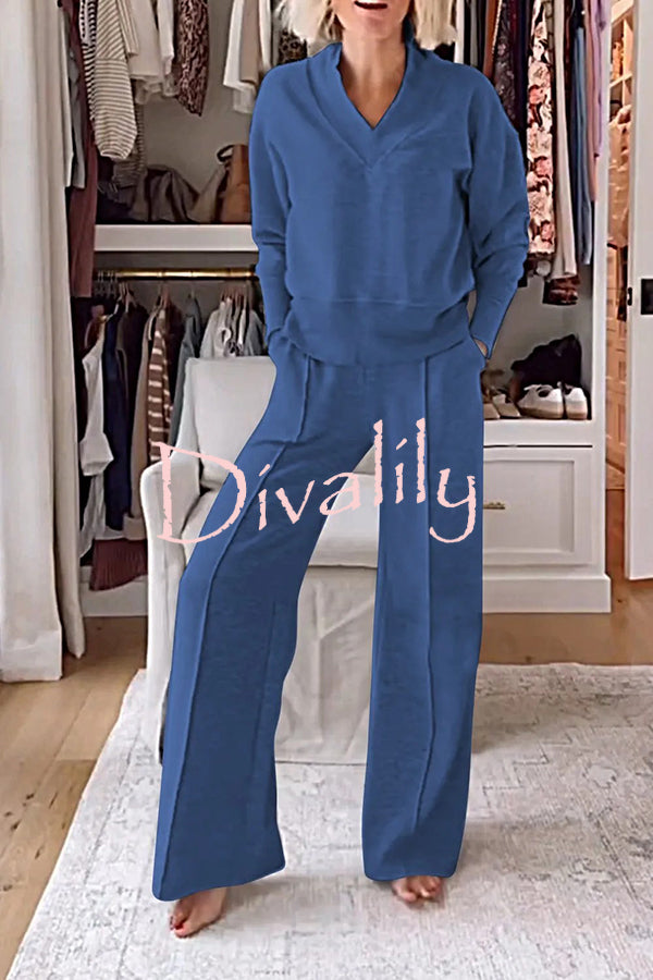 Weather Gets Cold Solid Color V-neck Top and Elastic Waist Pocketed Lounge Pants Set