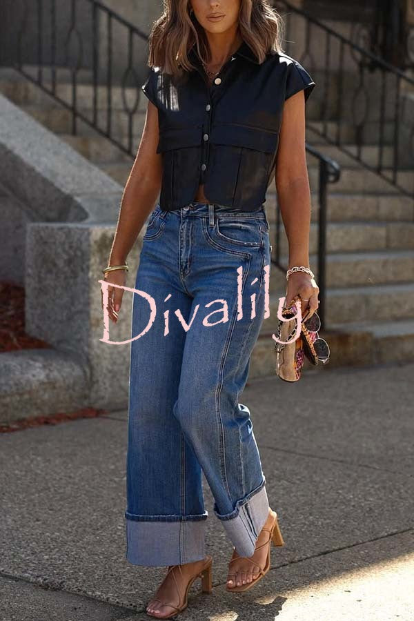 Stylish Weekend Faux Leather Button Up Cape Sleeve Pocket Crop Top