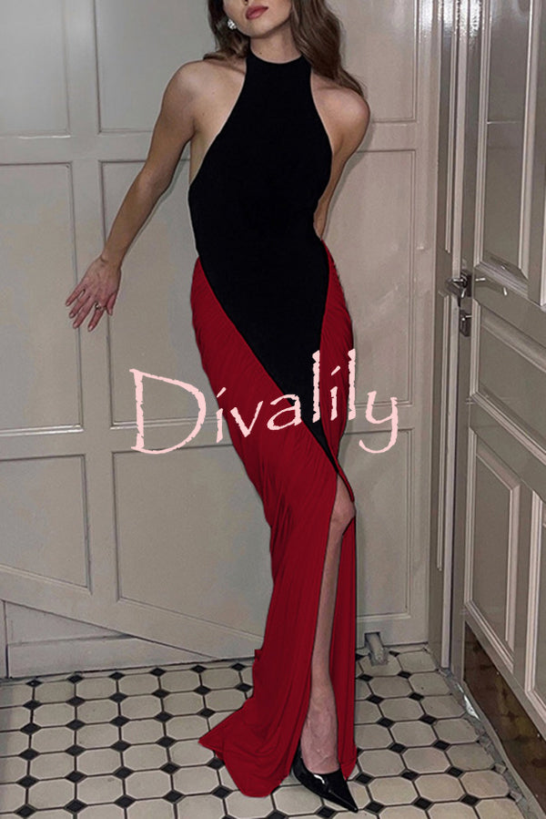 Fashionable Contrast Color Open Back Side Pleated Draped Maxi Dress