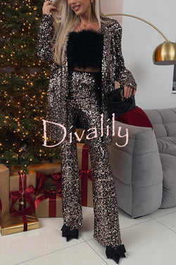 Chic Party Season Sequin High Rise Elastic Waist Flared Stretch Pants