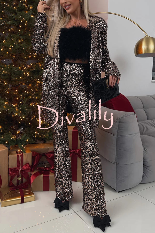 Chic Party Season Sequin High Rise Elastic Waist Flared Stretch Pants